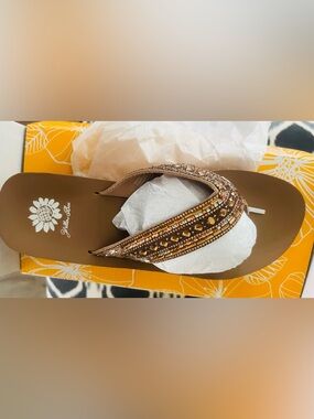 Yellow Box Embellished Bronze Beaded Flip Flop Sandals.